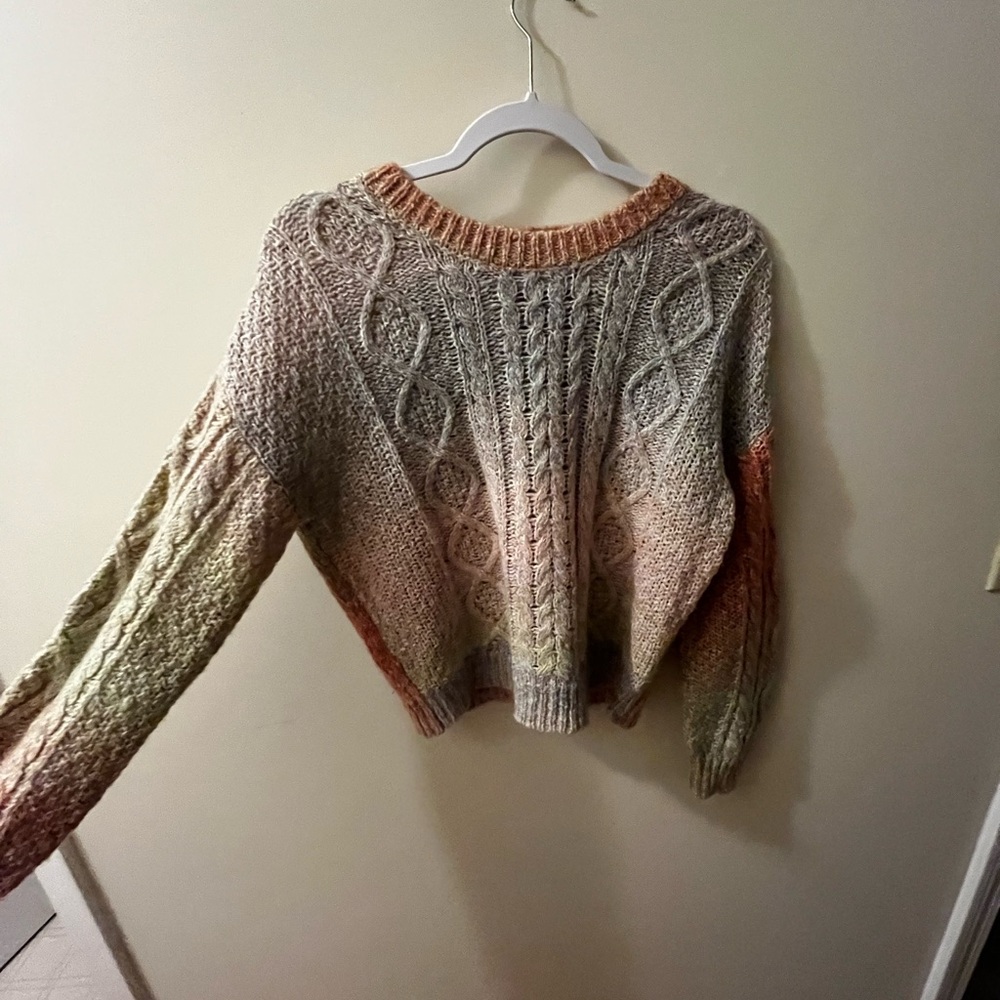Gray and Brown Cable Knit Crew Neck Sweater